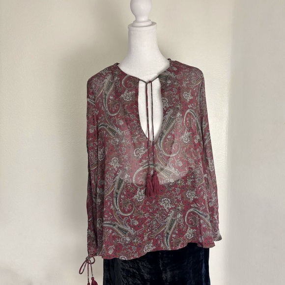 [URBANGIRL] Sheer V-Neck Bohemian Blouse Top M - Picture 2 of 7